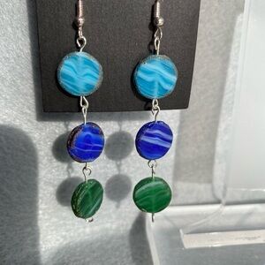 Handmade light blue, dark blue, green‎ flat round dangle earrings